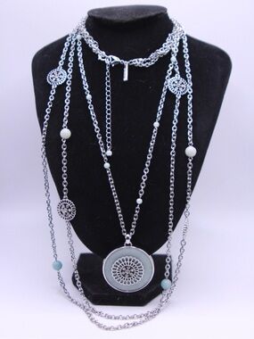 White House Black Market Silver Multi-Layer Pendant Necklace with Mint Accents
